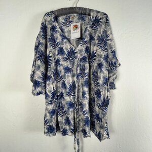 Makai Beach Nancy Beach Cover Up Tunic L/XL Blue Leaf Print Short Sleeve New